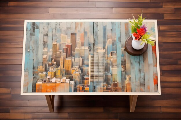 Vista de arriba hacia abajo de Manhattan en una mesa de madera texturizada