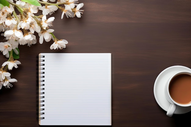 Vista de arriba hacia abajo de la mesa de oficina con computadora de bloc de notas y taza de café Espacio para notas