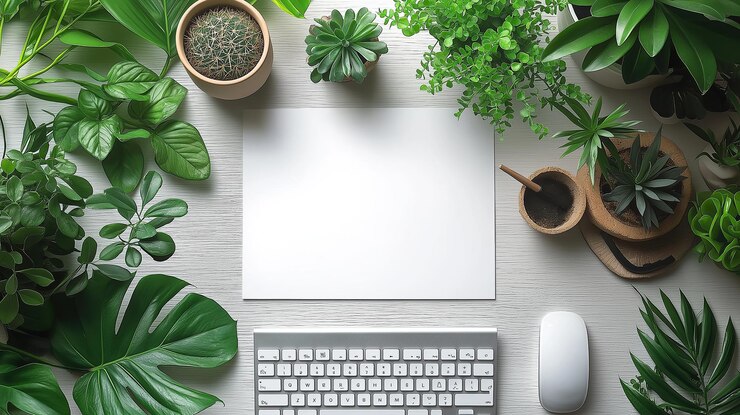 Una vista de arriba hacia abajo de una mesa de trabajo con un amplio espacio de copia Generative Ai