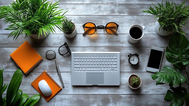 Una vista de arriba hacia abajo de una mesa de trabajo con un amplio espacio de copia Generative Ai
