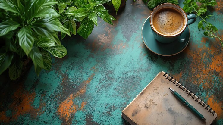 Una vista de arriba hacia abajo de una mesa de trabajo con un amplio espacio de copia Generative Ai