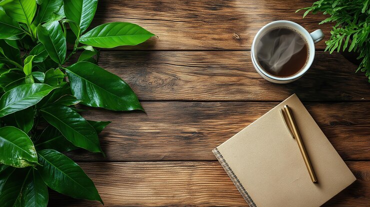 Una vista de arriba hacia abajo de una mesa de trabajo con un amplio espacio de copia Generative Ai