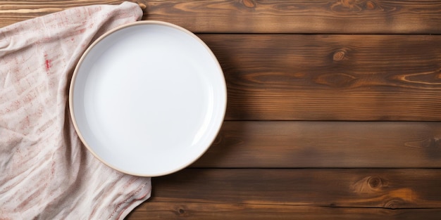 Vista de arriba hacia abajo de un plato vacío y una toalla en una mesa de madera con espacio para el texto