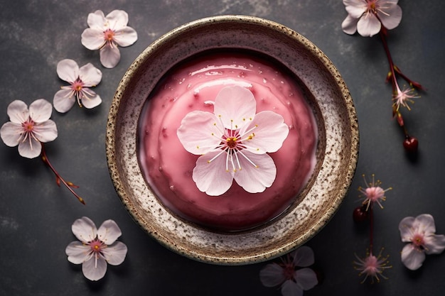 Foto vista de arriba hacia abajo de un postre wagashi japonés tradicional sakuramochi con un motivo de flor de cerezo