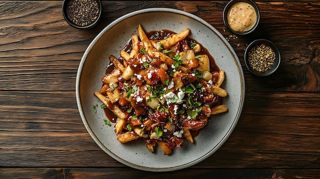 Una vista de arriba hacia abajo de la poutine en un plato con tazones pequeños