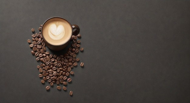 Vista de arriba hacia abajo de una taza de café con diseño de espuma de leche en forma de corazón junto a los granos de café