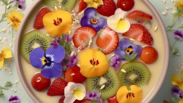 Una vista de arriba hacia abajo de un tazón de batido de frutas tropicales cubierto con flores comestibles