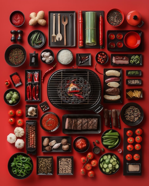 Foto vista de arriba hacia abajo variedad colorida ingredientes parrilla especias verduras cocina gourmet comida plana