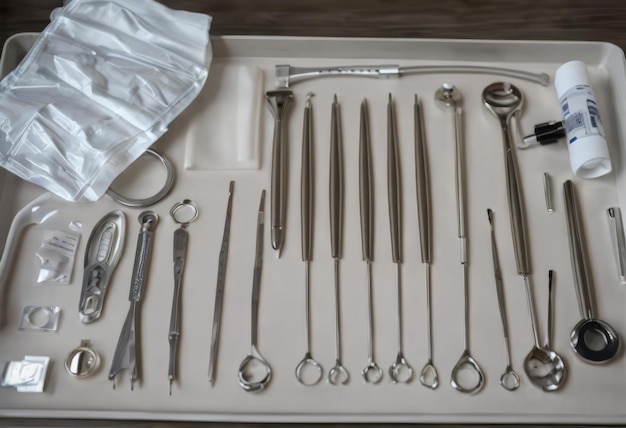 Foto vista de arriba hacia abajo de varios instrumentos dentales, como jeringas, cepillos de dientes, dientes falsos, pinzas, boca, espejo, hilo dental, palos, tijeras de perforación y máscaras