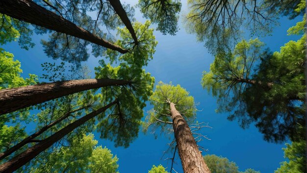 Foto vista hacia arriba de altos árboles verdes contra un cielo azul claro
