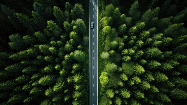 Vista desde arriba del bosque de pinos y la carretera pavimentada.