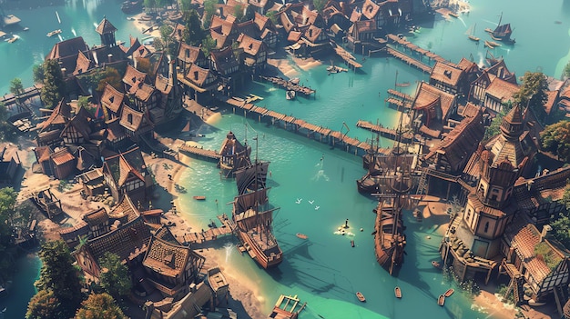 Una vista de arriba de una ciudad portuaria medieval de fantasía con barcos atracados en los muelles y personas caminando alrededor