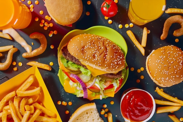 Foto vista de arriba de una comida de comida rápida