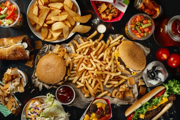 Foto vista de arriba de una comida de comida rápida