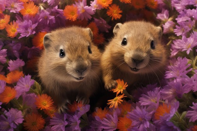 Vista de arriba de las crías de marmotas rodeadas de coloridas flores de primavera