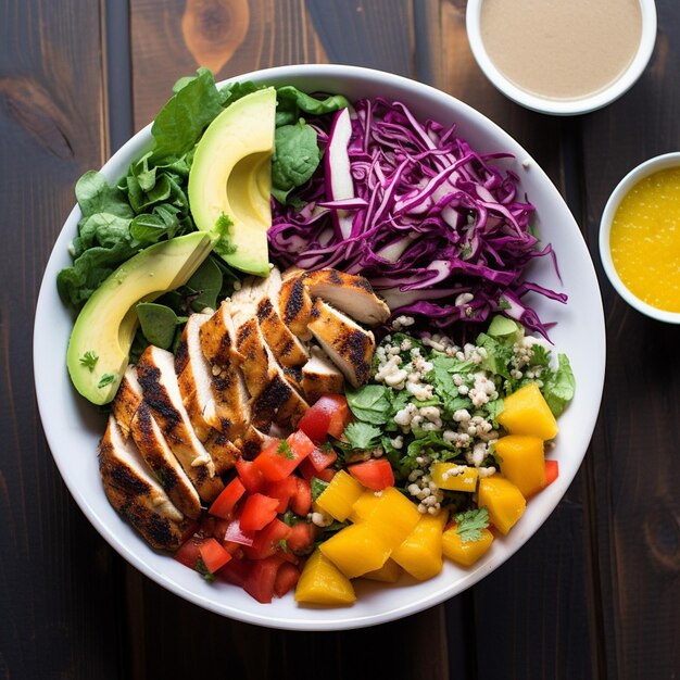 Una vista de arriba de un cuenco lleno de ensalada colorida y pollo a la parrilla colocado al lado de un batido