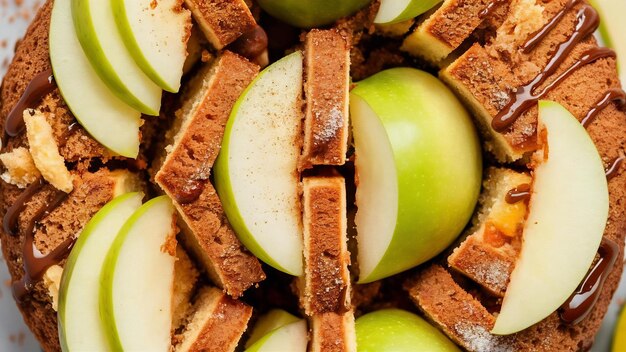 Foto una vista de arriba delicioso pastel de manzana con manzanas verdes frescas canela pastel galleta azúcar fruta