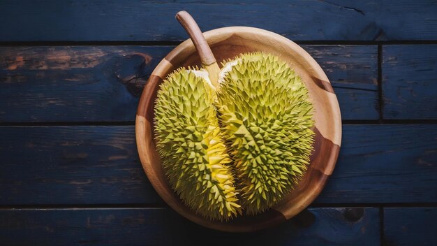 Foto vista de arriba de un durian fresco en un plato de madera