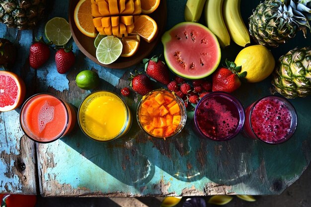 Foto vista de arriba de frutas y jugos de colores