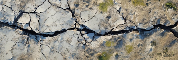 Una vista desde arriba de las grietas del suelo que enfatiza los agujeros de grietas relacionados con el terremoto y la textura posterior