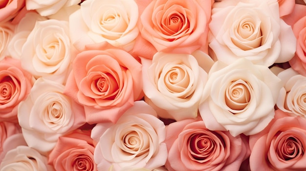 Una vista de arriba de hermosas rosas rosadas en varios tonos que forman una textura de fondo floral