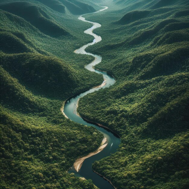 Vista de arriba de un largo río que serpentea a través del verde bosque