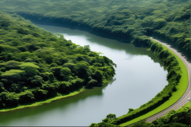 Vista de arriba de un largo río que serpentea a través del verde bosque