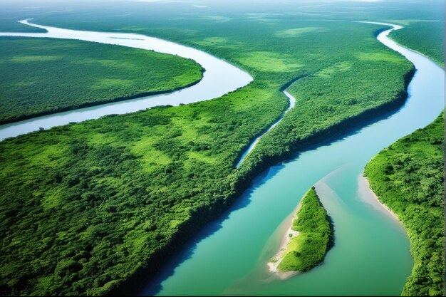 Vista de arriba de un largo río que serpentea a través del verde bosque