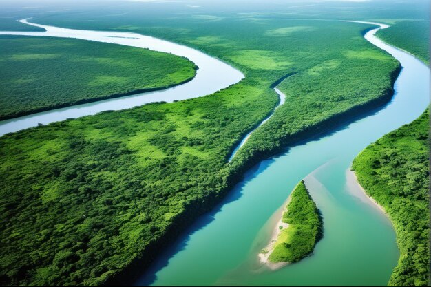 Foto vista de arriba de un largo río que serpentea a través del verde bosque