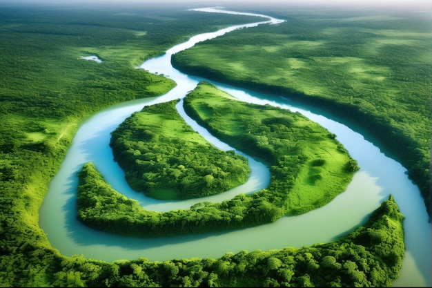 Foto vista de arriba de un largo río que serpentea a través del verde bosque