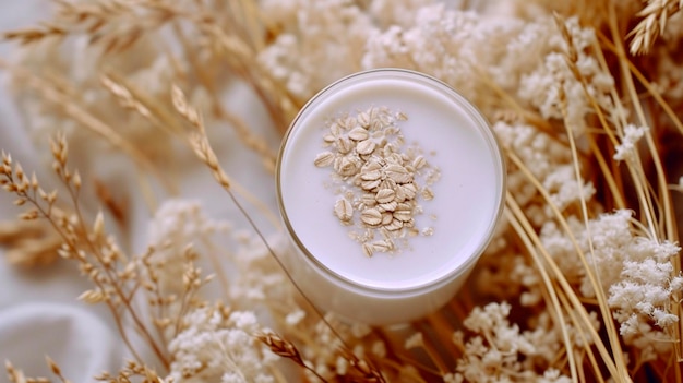 Vista de arriba en el mantel blanco de un vaso de leche de avena