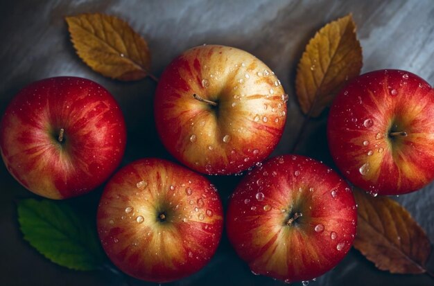 Vista de arriba de manzanas frescas con gotas de agua