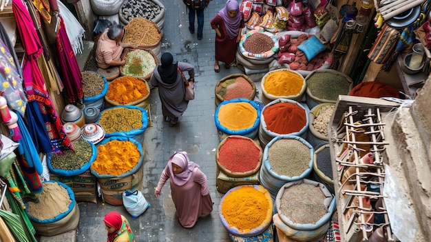 Foto vista de arriba de un mercado de oriente medio con especias de colores y gente comprando