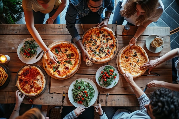 Vista desde arriba de una mesa con amigos comiendo pizza