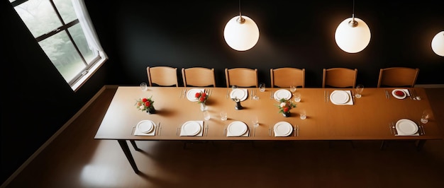 Una vista desde arriba de una mesa puesta para una cena formal