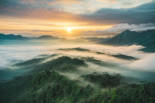 Vista desde arriba Paisaje brumoso en la selva Niebla y montaña nublada al atardecer