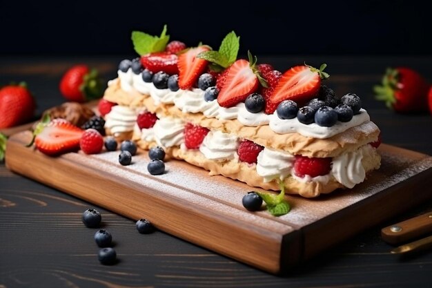 Una vista de arriba pastel de fresa roja delicioso con té en la mesa color de fruta pastel dulce