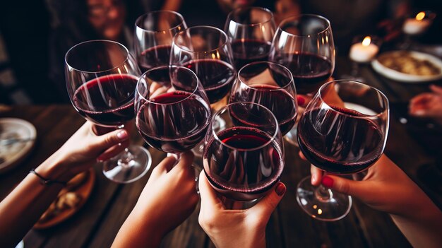 Vista de arriba de personas celebrando y brindando con copas de vino en un vibrante evento de fiesta