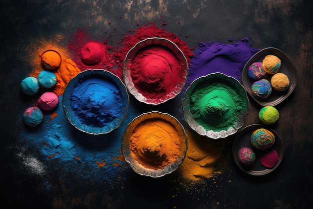 Una vista desde arriba de un plato de polvo de colores El concepto del festival Holi AI Generation