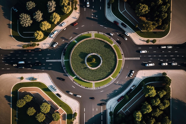 Una vista desde arriba de una rotonda de intersección