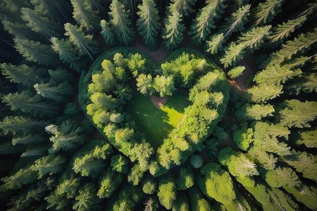 Vista de arriba sobre la forma de un corazón en el bosque