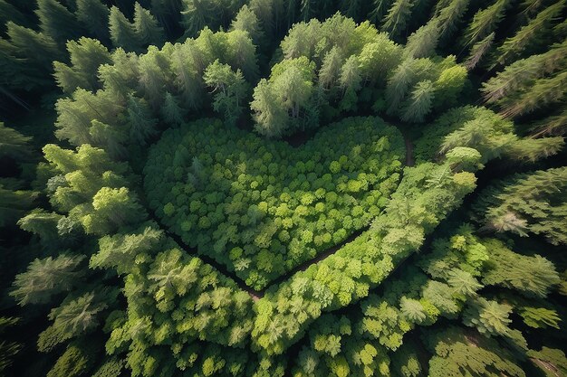 Vista de arriba sobre la forma de un corazón en el bosque