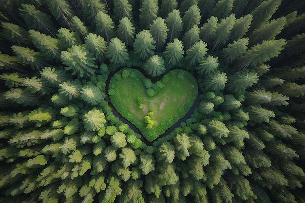 Vista de arriba sobre la forma de un corazón en el bosque