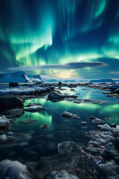 Vista ártica gelada sob fundo vibrante da aurora boreal com espaço vazio para texto
