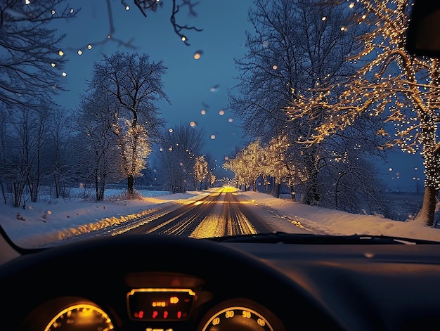 Foto vista desde el asiento del conductor detrás del volante de una carretera nocturna