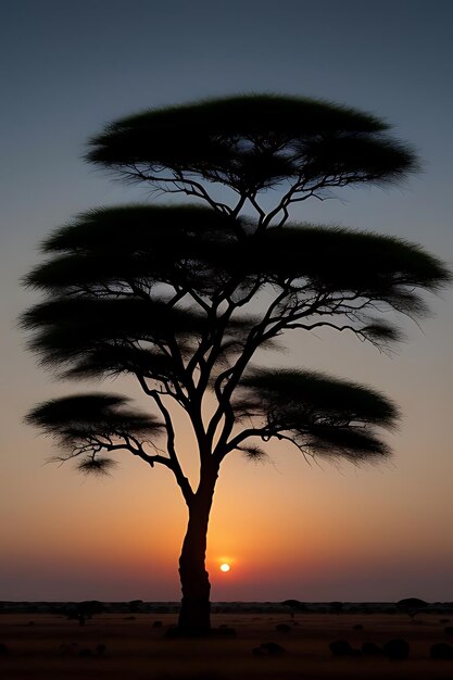 vista del atardecer del árbol africano