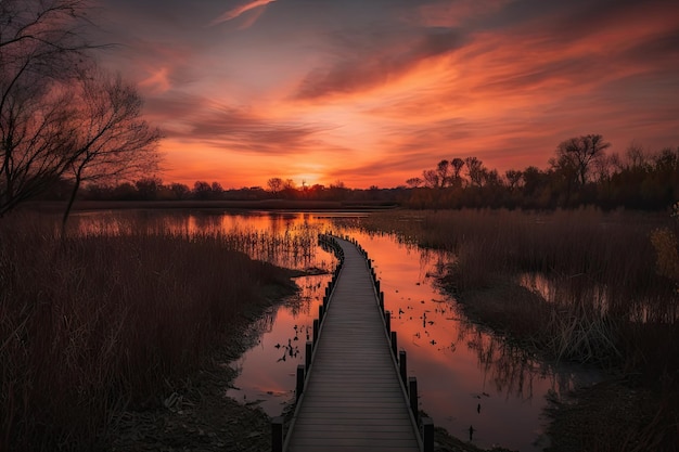 Vista del atardecer del camino que conduce a un lago con reflejo de rayas naranjas y amarillas en el cielo