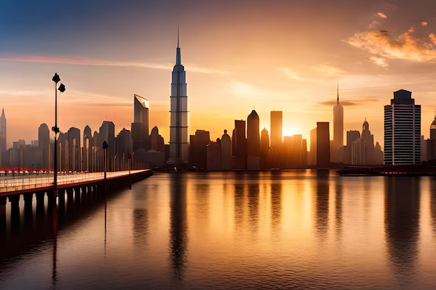 Una vista del atardecer de una ciudad con un rascacielos y la palabra shanghai en la parte inferior derecha.