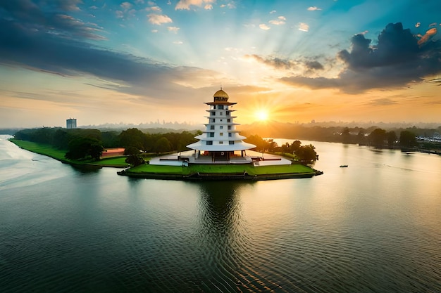 Una vista del atardecer del faro en medio de un lago