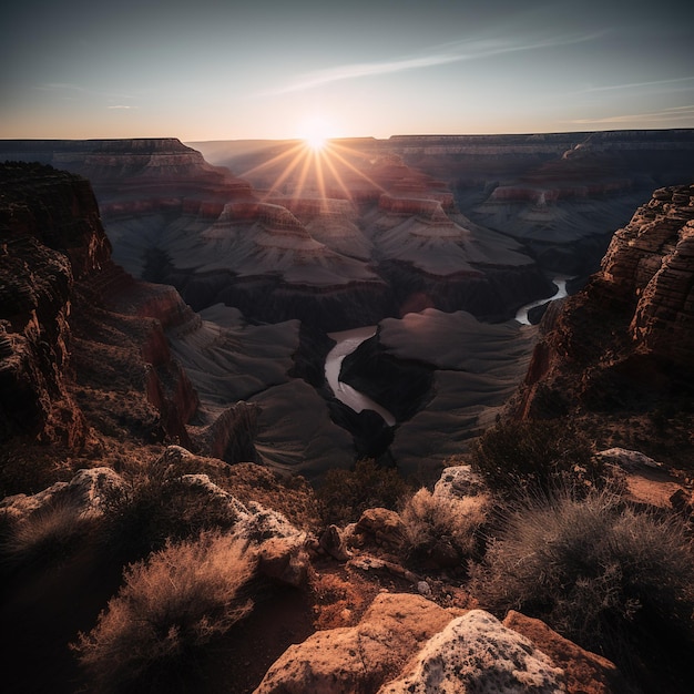 Una vista del atardecer del gran cañón desde el gran cañón.